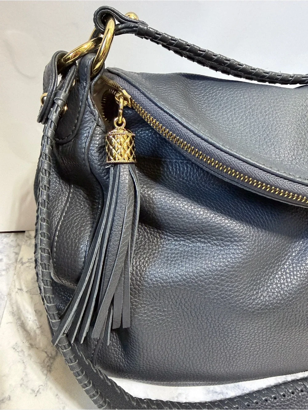 Onna Ehrlich Rachel pebbled Leather large Hobo crossbody Bag gray